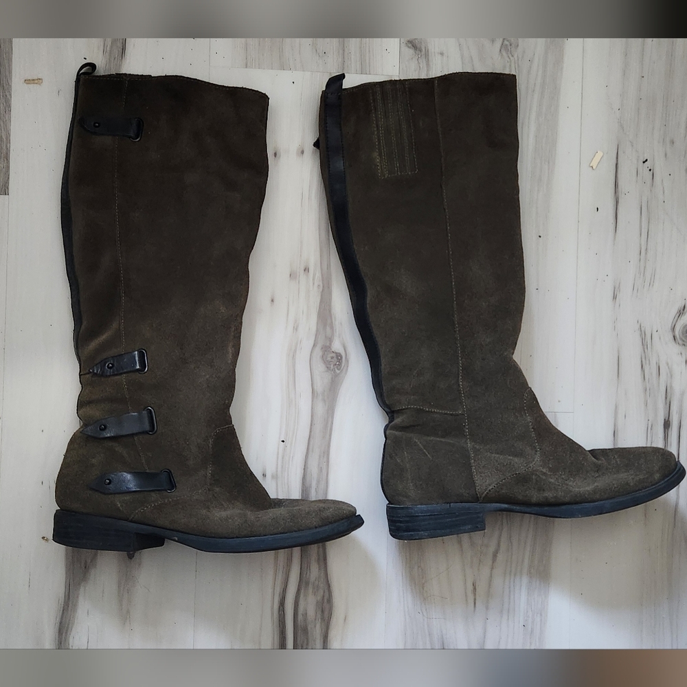 Guess Dark Green Suede Knee High Boots with Buckle Detail